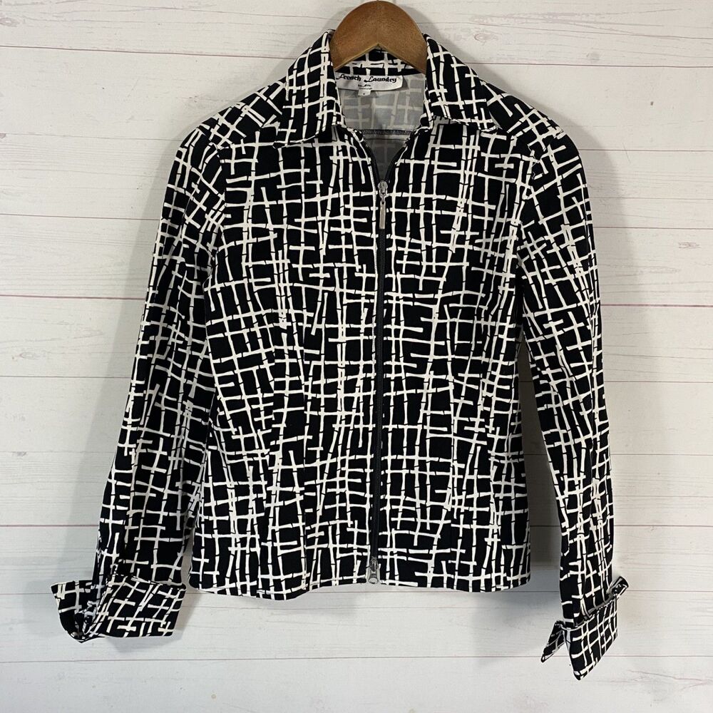 French Laundry Womens Zip Front Stretch Jacket Size 6 Black/White Print